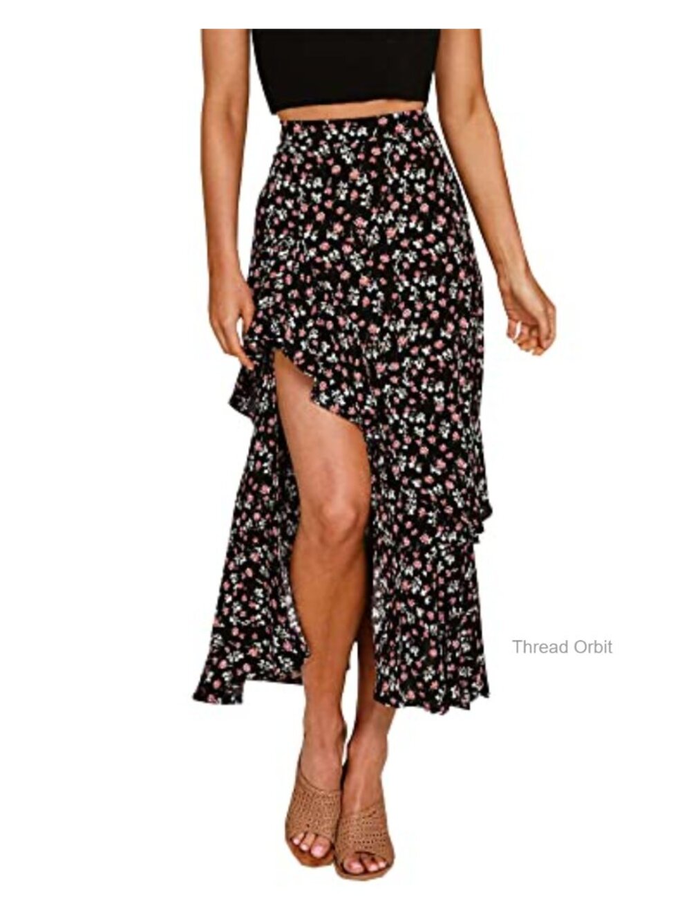 Boho Floral High Low Maxi Skirt High Waist Ruffle Split Casual